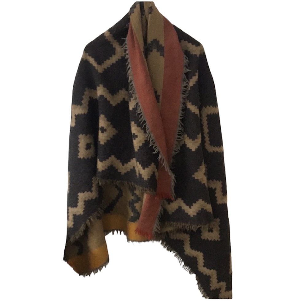 Aritzia Navy, Red & Brown Geometric Fringe Wrap Scarf - Picture 2 of 6